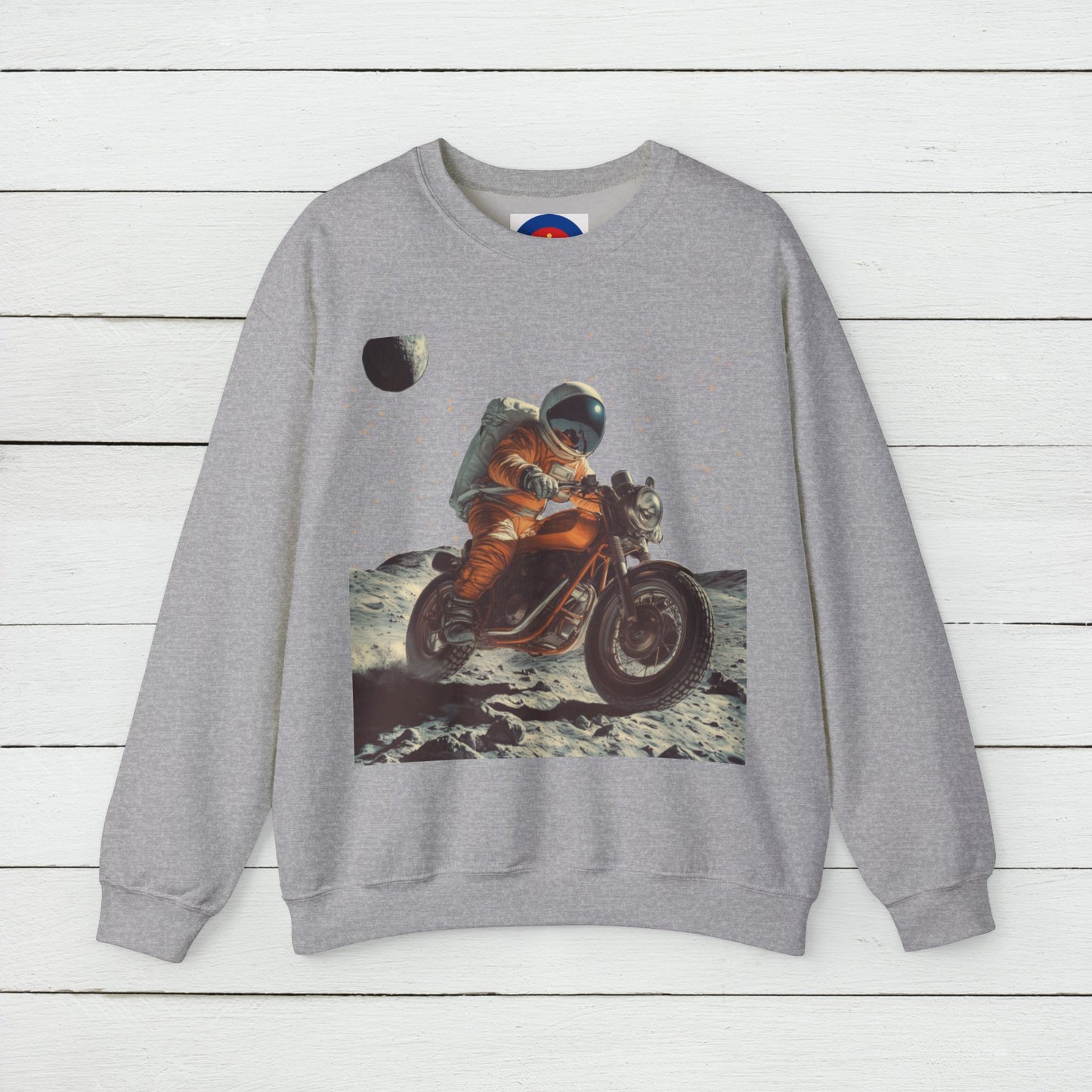 Biker Astronaut on the Moon Sweatshirt | Unisex Funny Outer Space Graphic Tee | Motorcycle Rider Shirt