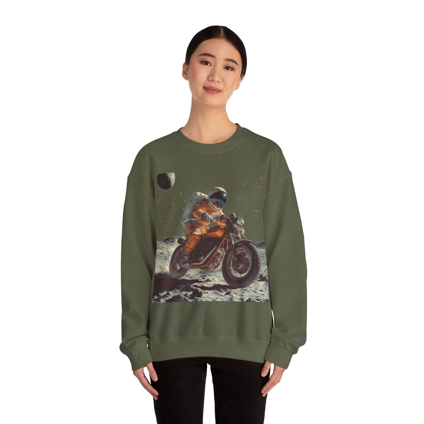 Biker Astronaut on the Moon Sweatshirt | Unisex Funny Outer Space Graphic Tee | Motorcycle Rider Shirt