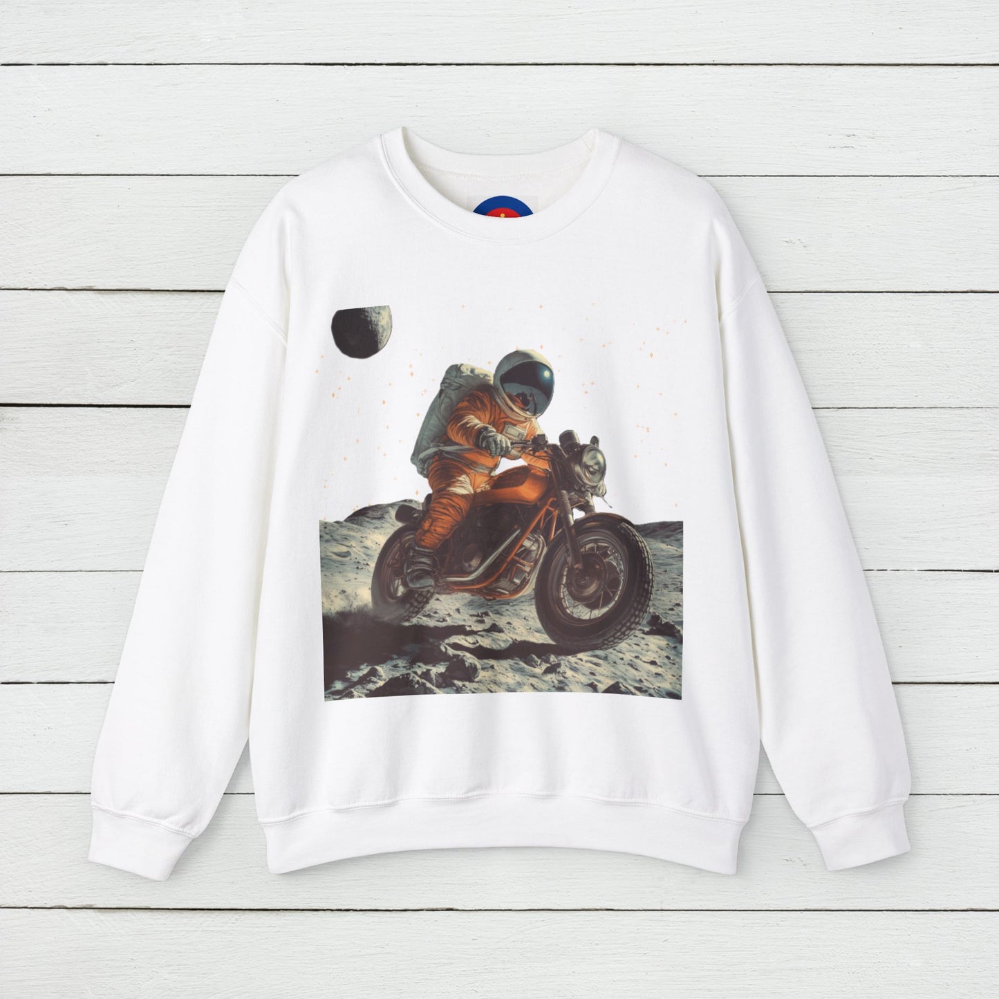 Biker Astronaut on the Moon Sweatshirt | Unisex Funny Outer Space Graphic Tee | Motorcycle Rider Shirt