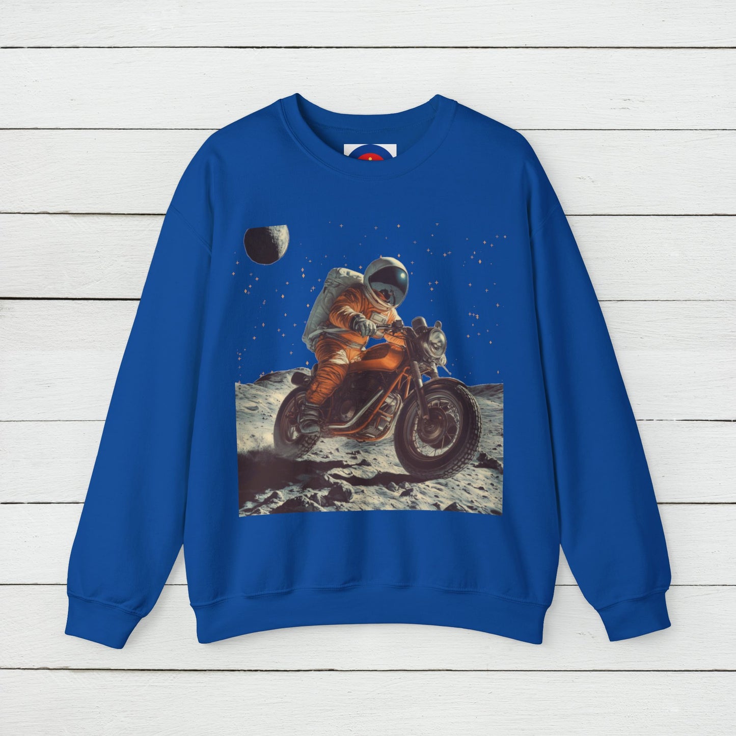 Biker Astronaut on the Moon Sweatshirt | Unisex Funny Outer Space Graphic Tee | Motorcycle Rider Shirt