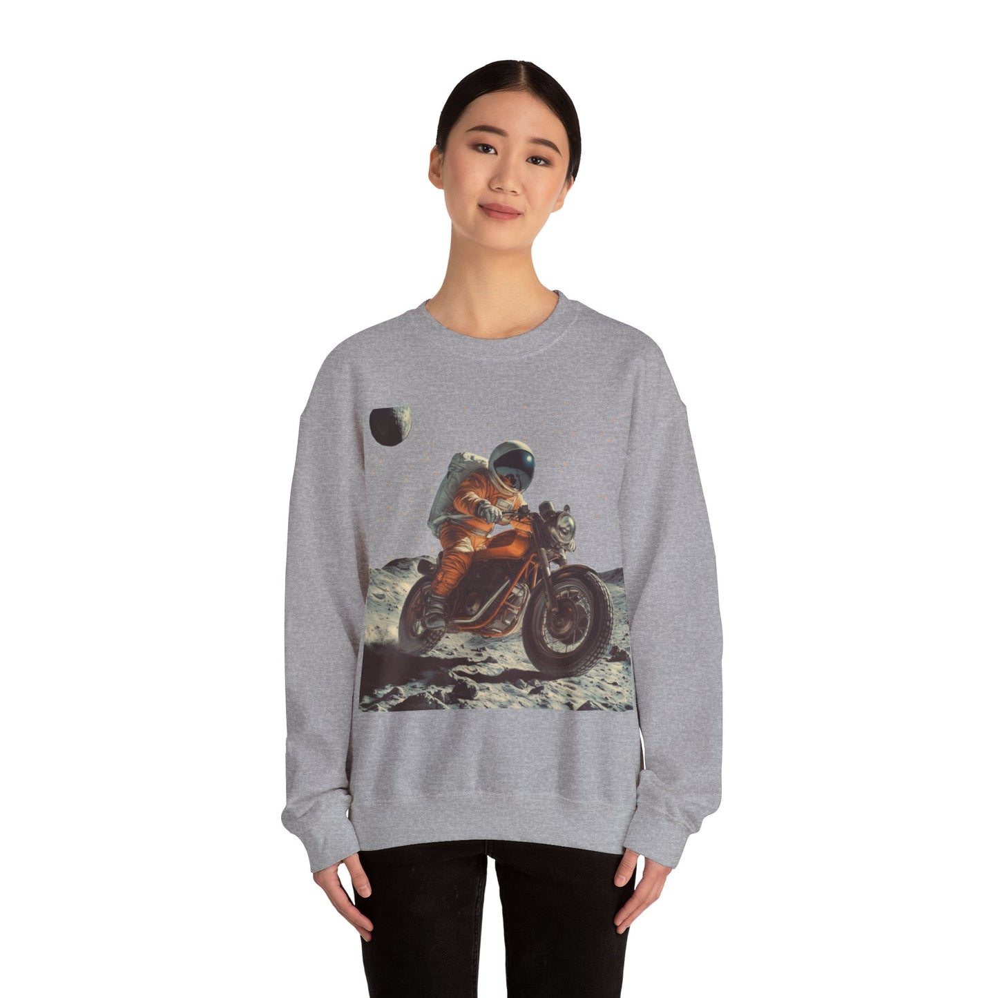 Biker Astronaut on the Moon Sweatshirt | Unisex Funny Outer Space Graphic Tee | Motorcycle Rider Shirt