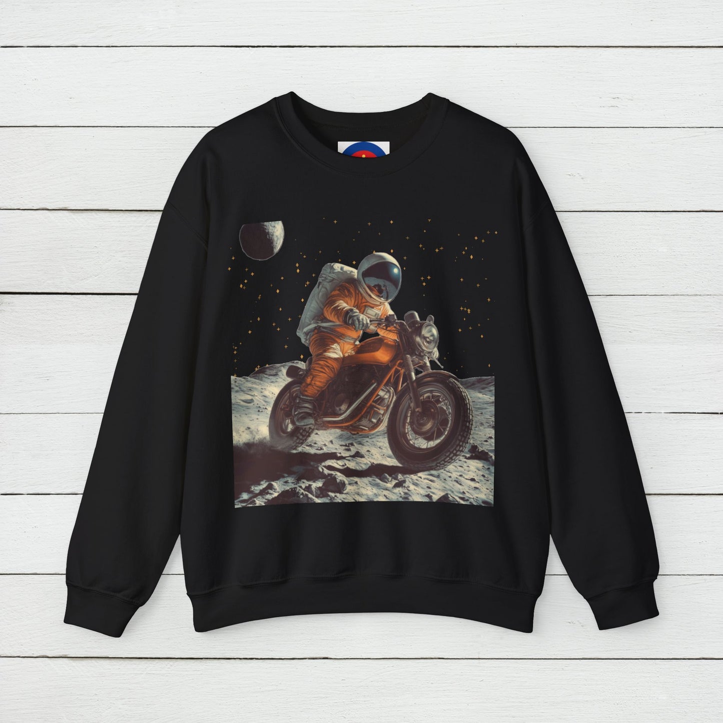 Biker Astronaut on the Moon Sweatshirt | Unisex Funny Outer Space Graphic Tee | Motorcycle Rider Shirt