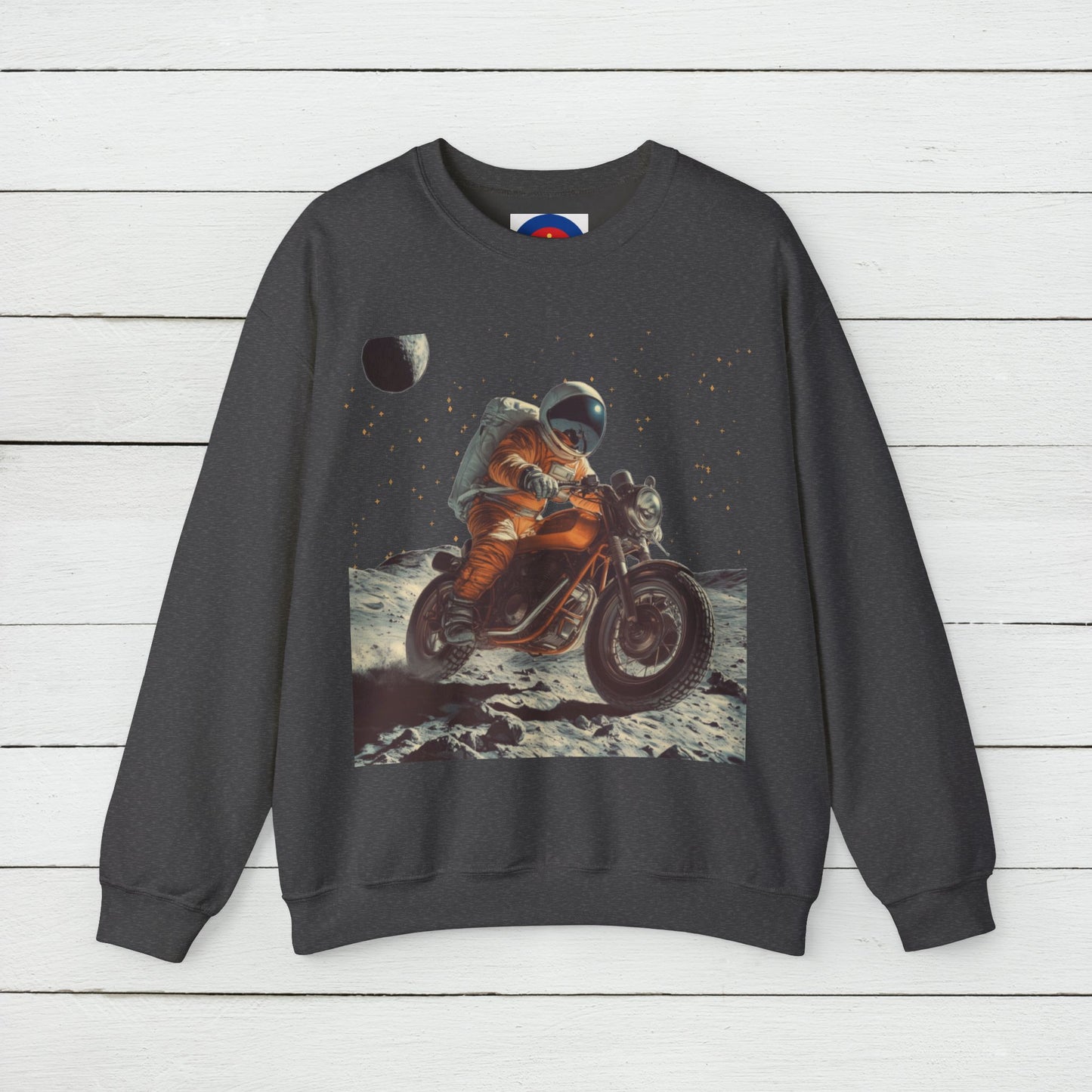Biker Astronaut on the Moon Sweatshirt | Unisex Funny Outer Space Graphic Tee | Motorcycle Rider Shirt