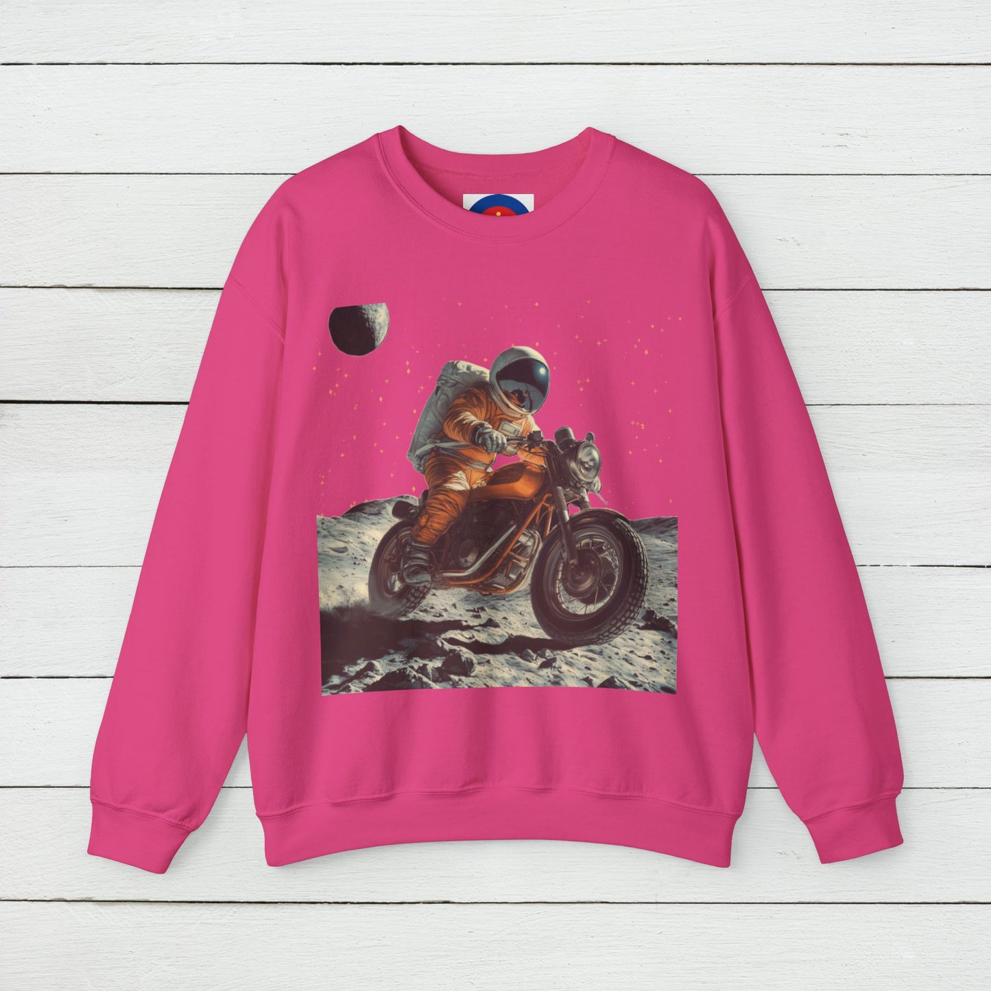 Biker Astronaut on the Moon Sweatshirt | Unisex Funny Outer Space Graphic Tee | Motorcycle Rider Shirt