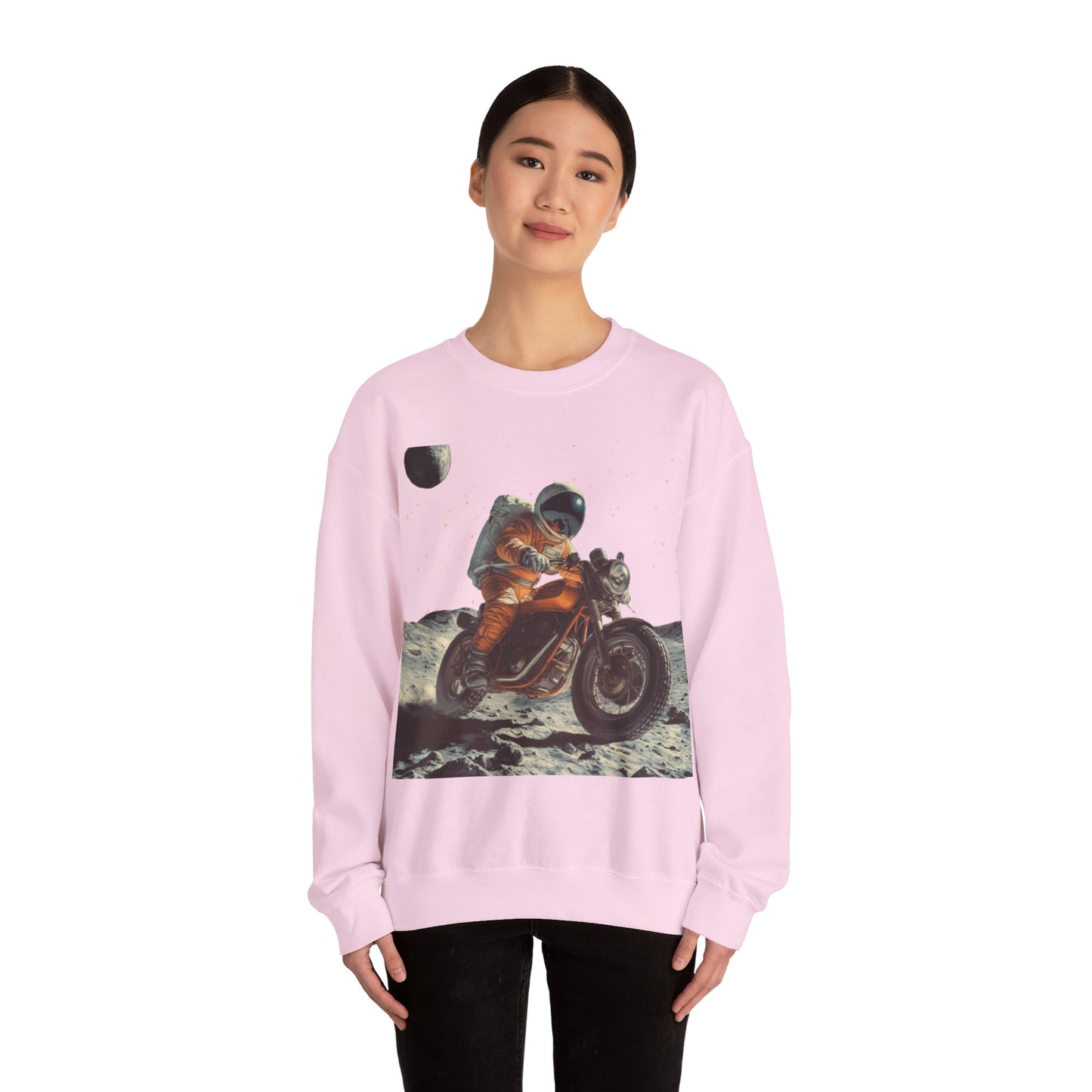 Biker Astronaut on the Moon Sweatshirt | Unisex Funny Outer Space Graphic Tee | Motorcycle Rider Shirt