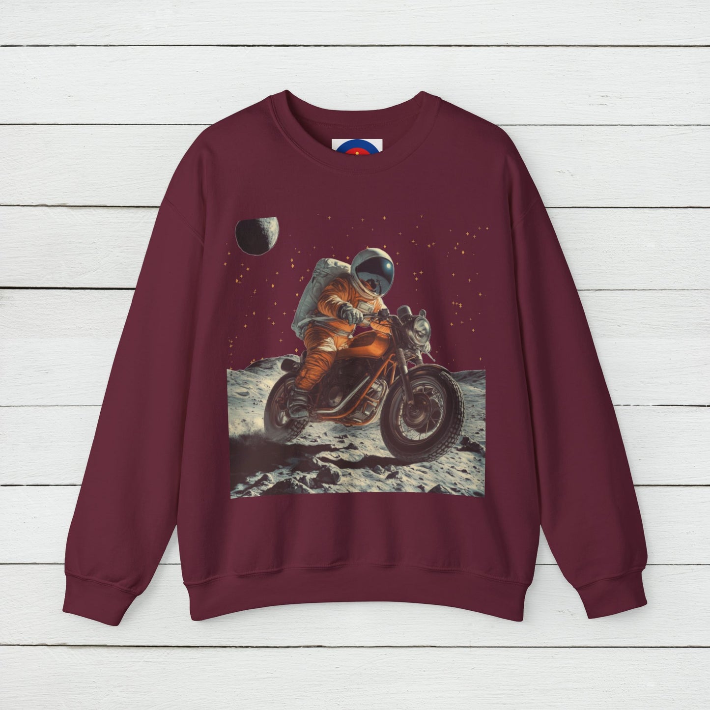 Biker Astronaut on the Moon Sweatshirt | Unisex Funny Outer Space Graphic Tee | Motorcycle Rider Shirt