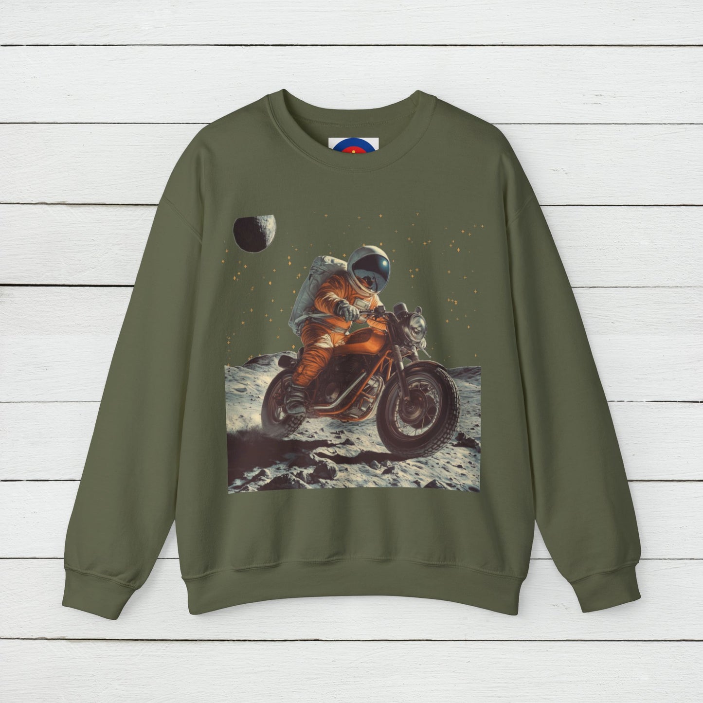 Biker Astronaut on the Moon Sweatshirt | Unisex Funny Outer Space Graphic Tee | Motorcycle Rider Shirt