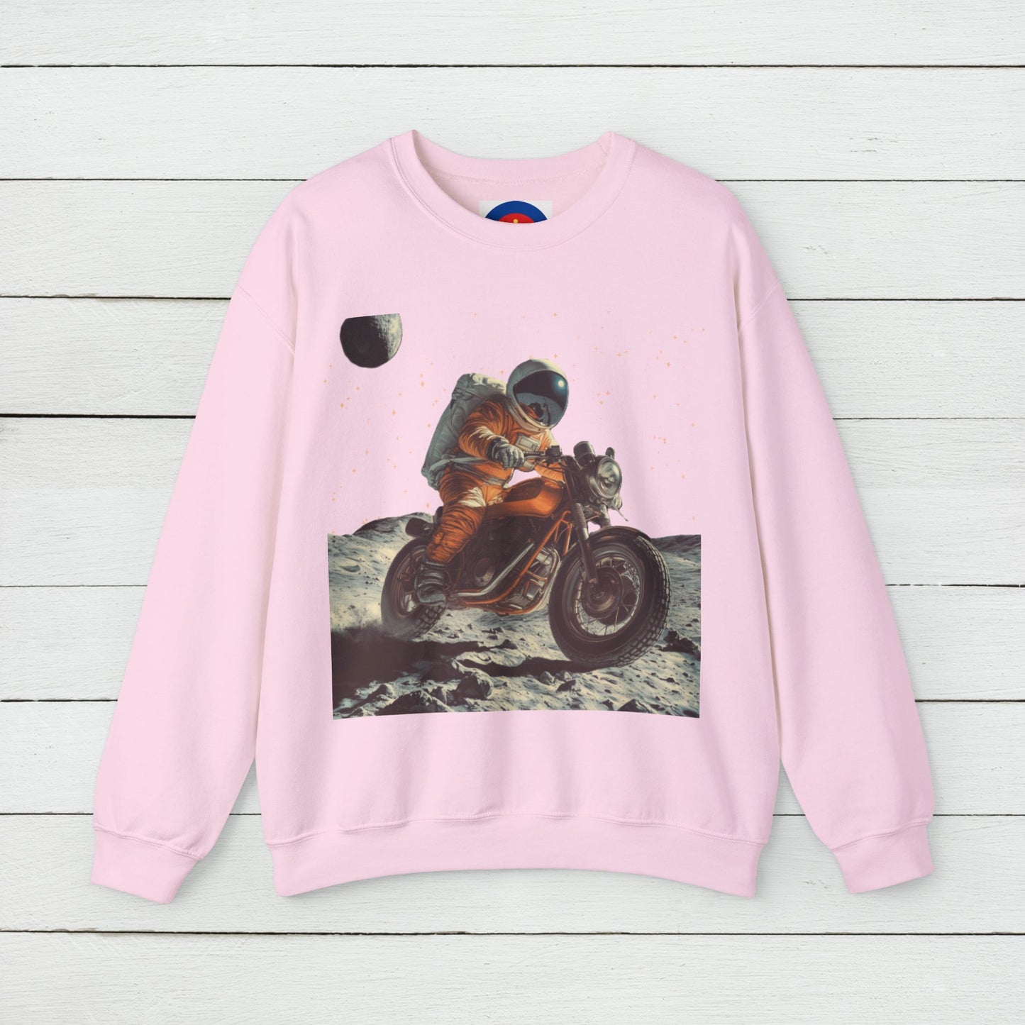 Biker Astronaut on the Moon Sweatshirt | Unisex Funny Outer Space Graphic Tee | Motorcycle Rider Shirt