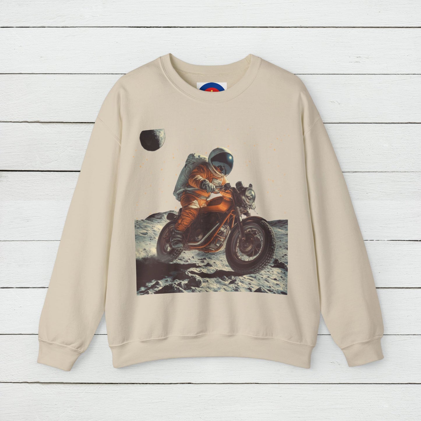 Biker Astronaut on the Moon Sweatshirt | Unisex Funny Outer Space Graphic Tee | Motorcycle Rider Shirt