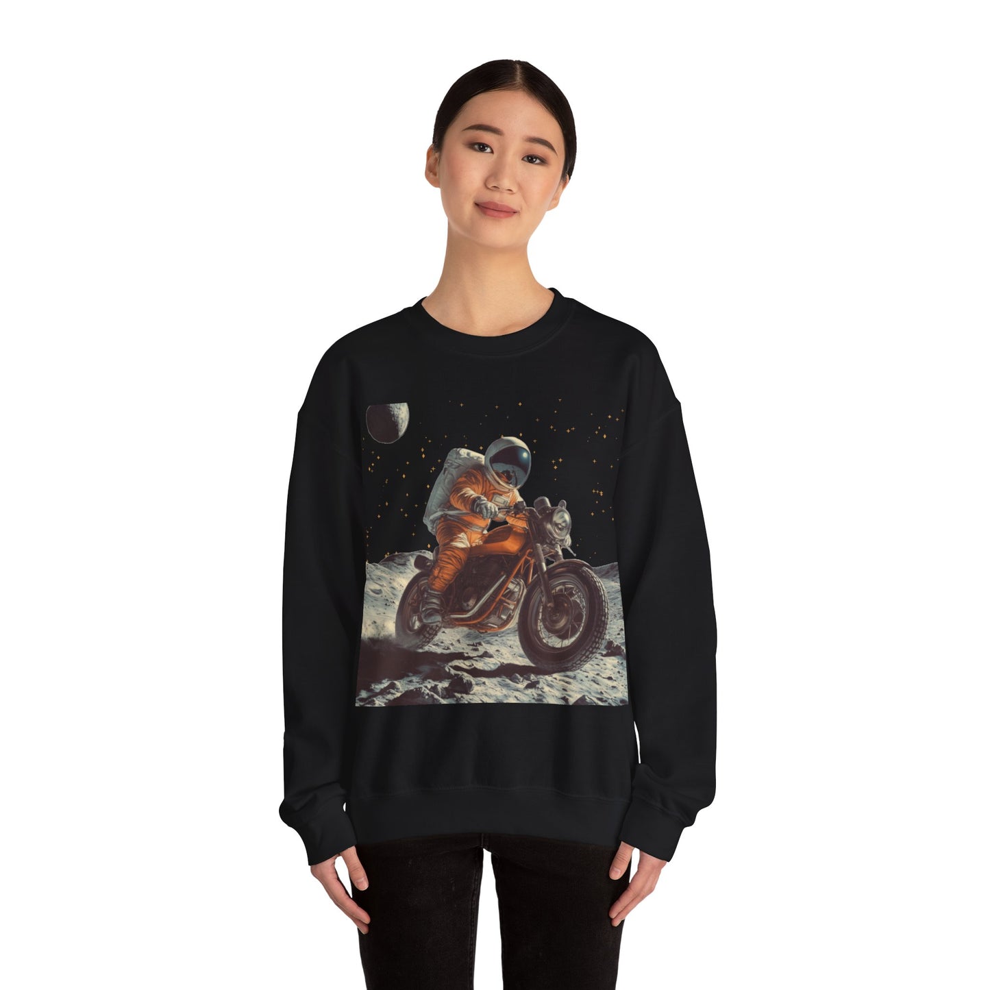 Biker Astronaut on the Moon Sweatshirt | Unisex Funny Outer Space Graphic Tee | Motorcycle Rider Shirt