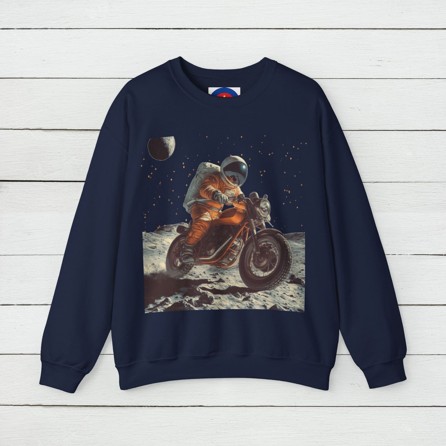 Biker Astronaut on the Moon Sweatshirt | Unisex Funny Outer Space Graphic Tee | Motorcycle Rider Shirt