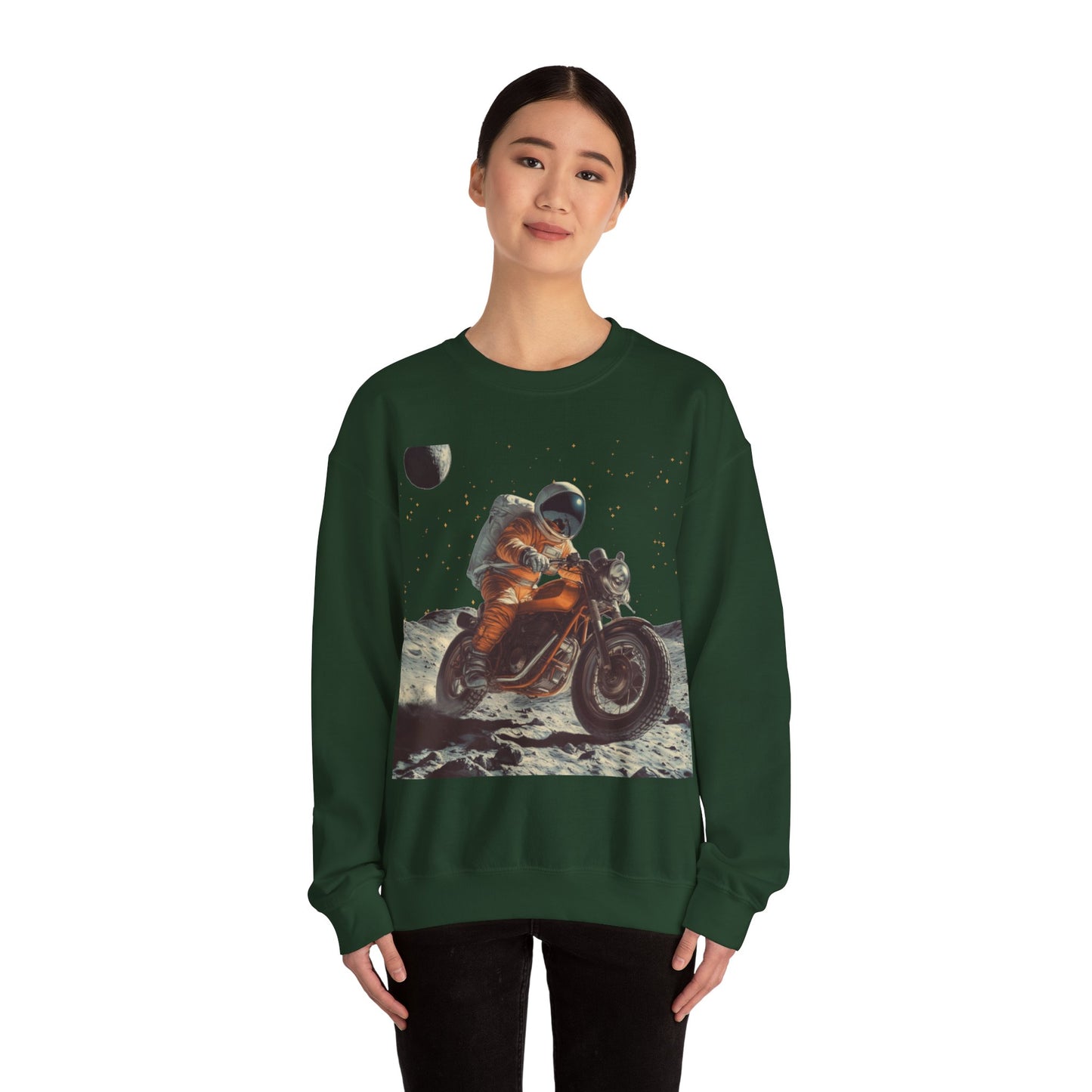 Biker Astronaut on the Moon Sweatshirt | Unisex Funny Outer Space Graphic Tee | Motorcycle Rider Shirt