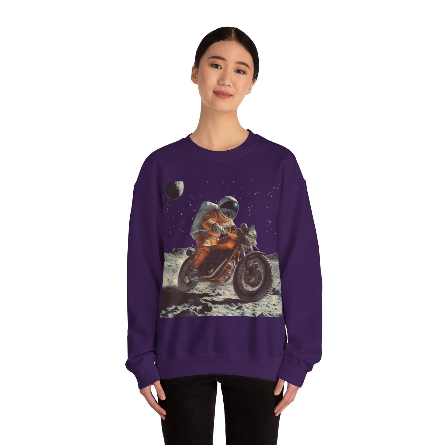 Biker Astronaut on the Moon Sweatshirt | Unisex Funny Outer Space Graphic Tee | Motorcycle Rider Shirt