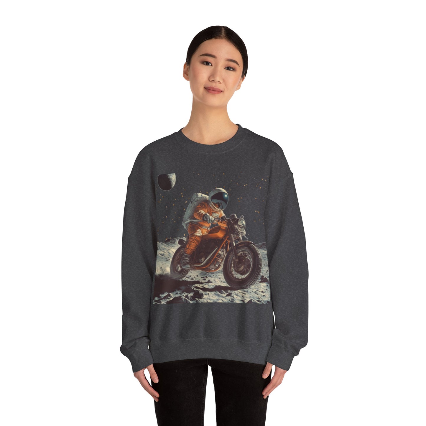 Biker Astronaut on the Moon Sweatshirt | Unisex Funny Outer Space Graphic Tee | Motorcycle Rider Shirt