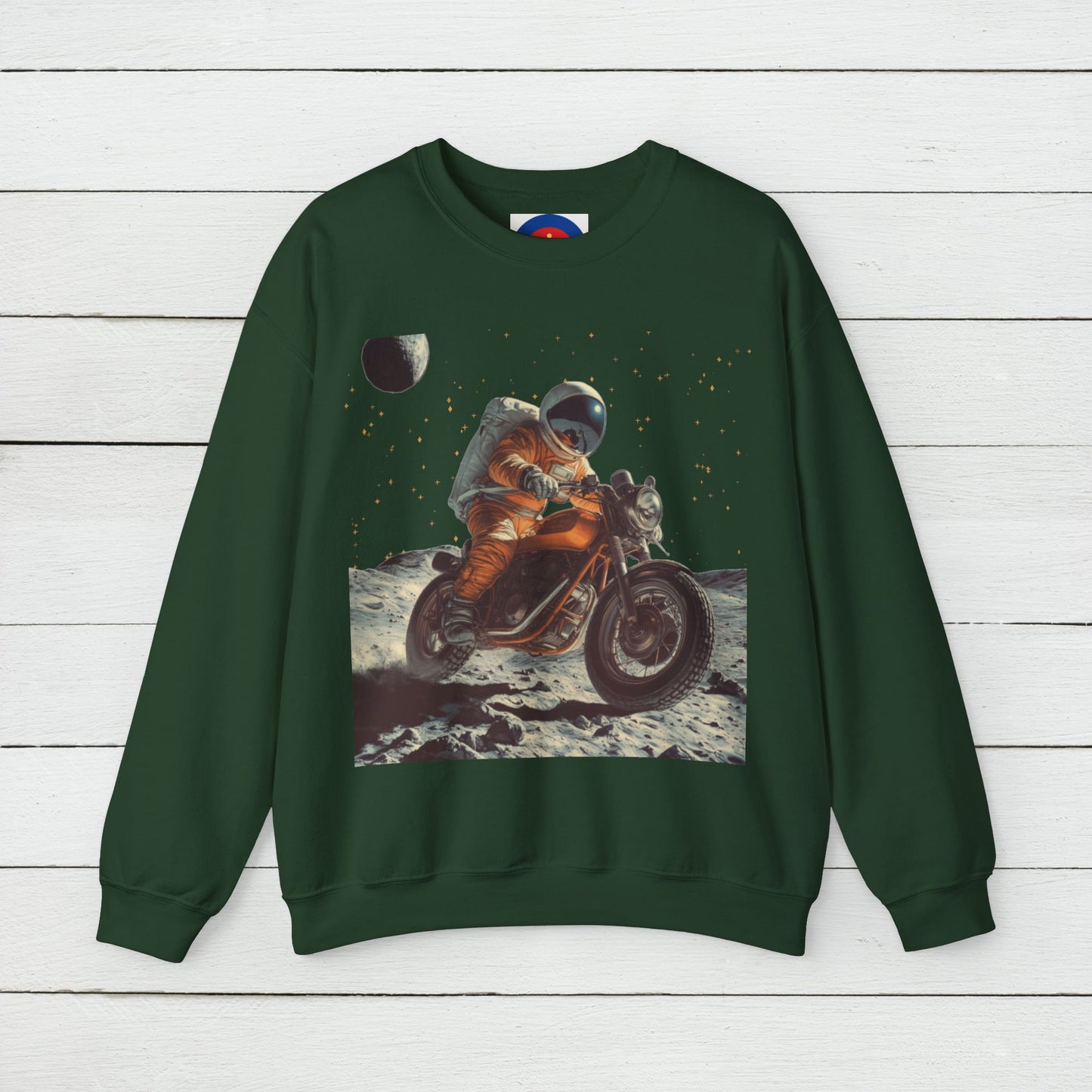 Biker Astronaut on the Moon Sweatshirt | Unisex Funny Outer Space Graphic Tee | Motorcycle Rider Shirt