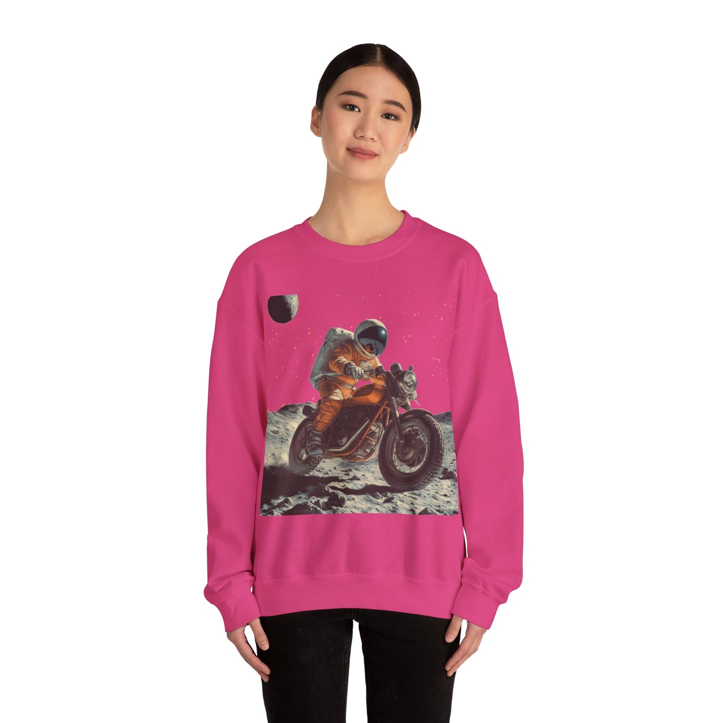 Biker Astronaut on the Moon Sweatshirt | Unisex Funny Outer Space Graphic Tee | Motorcycle Rider Shirt