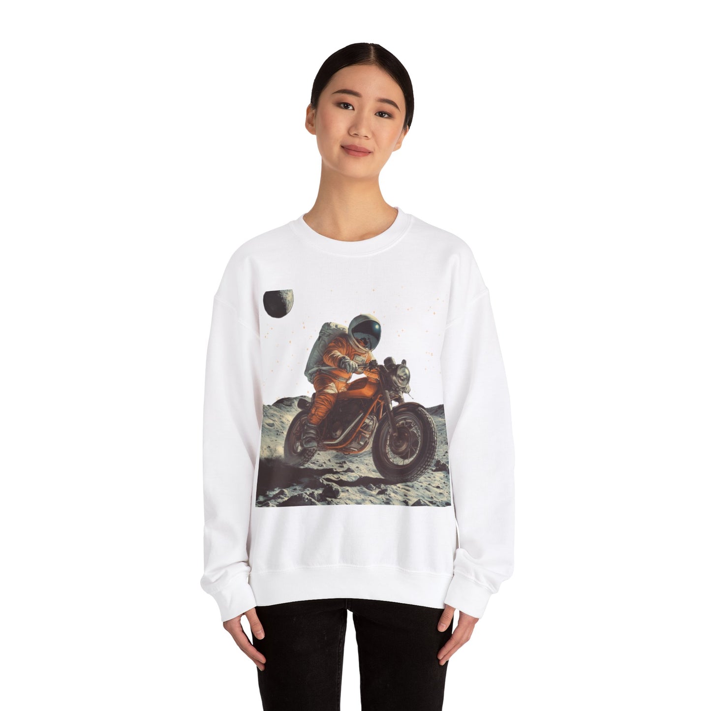 Biker Astronaut on the Moon Sweatshirt | Unisex Funny Outer Space Graphic Tee | Motorcycle Rider Shirt