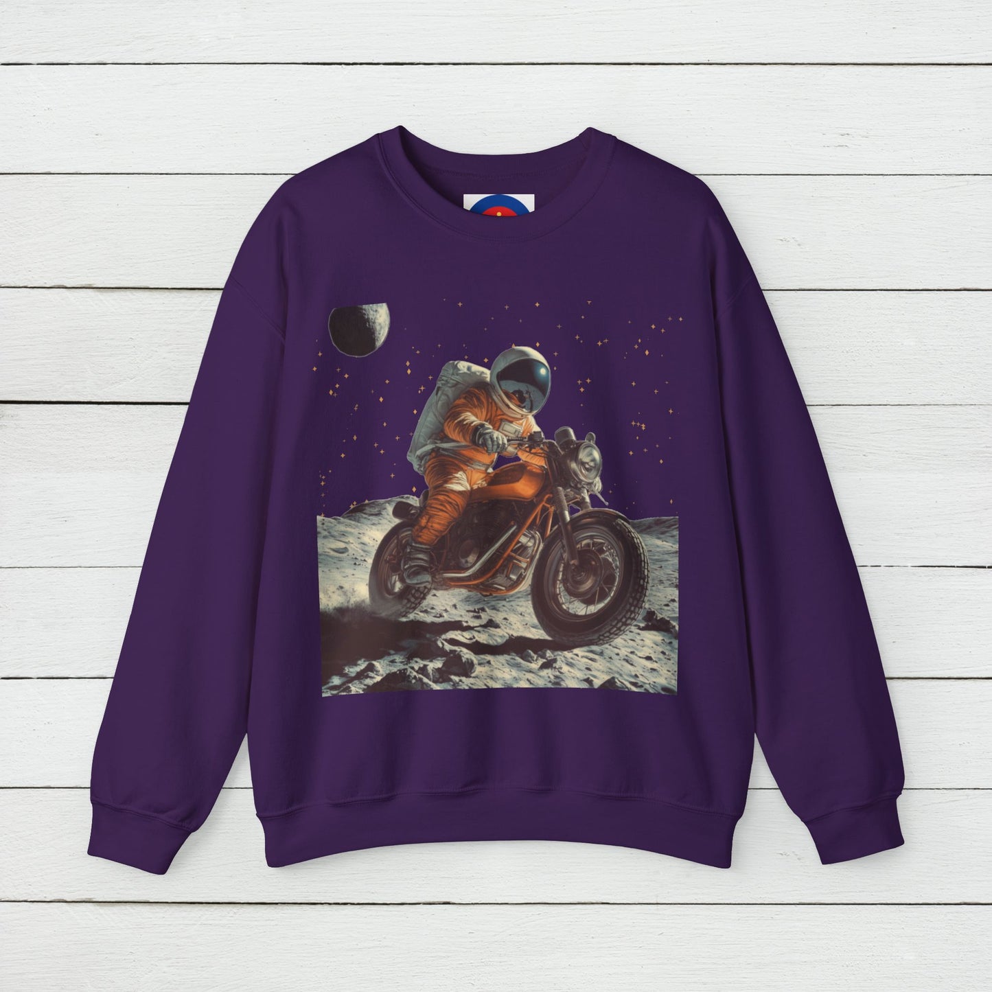 Biker Astronaut on the Moon Sweatshirt | Unisex Funny Outer Space Graphic Tee | Motorcycle Rider Shirt