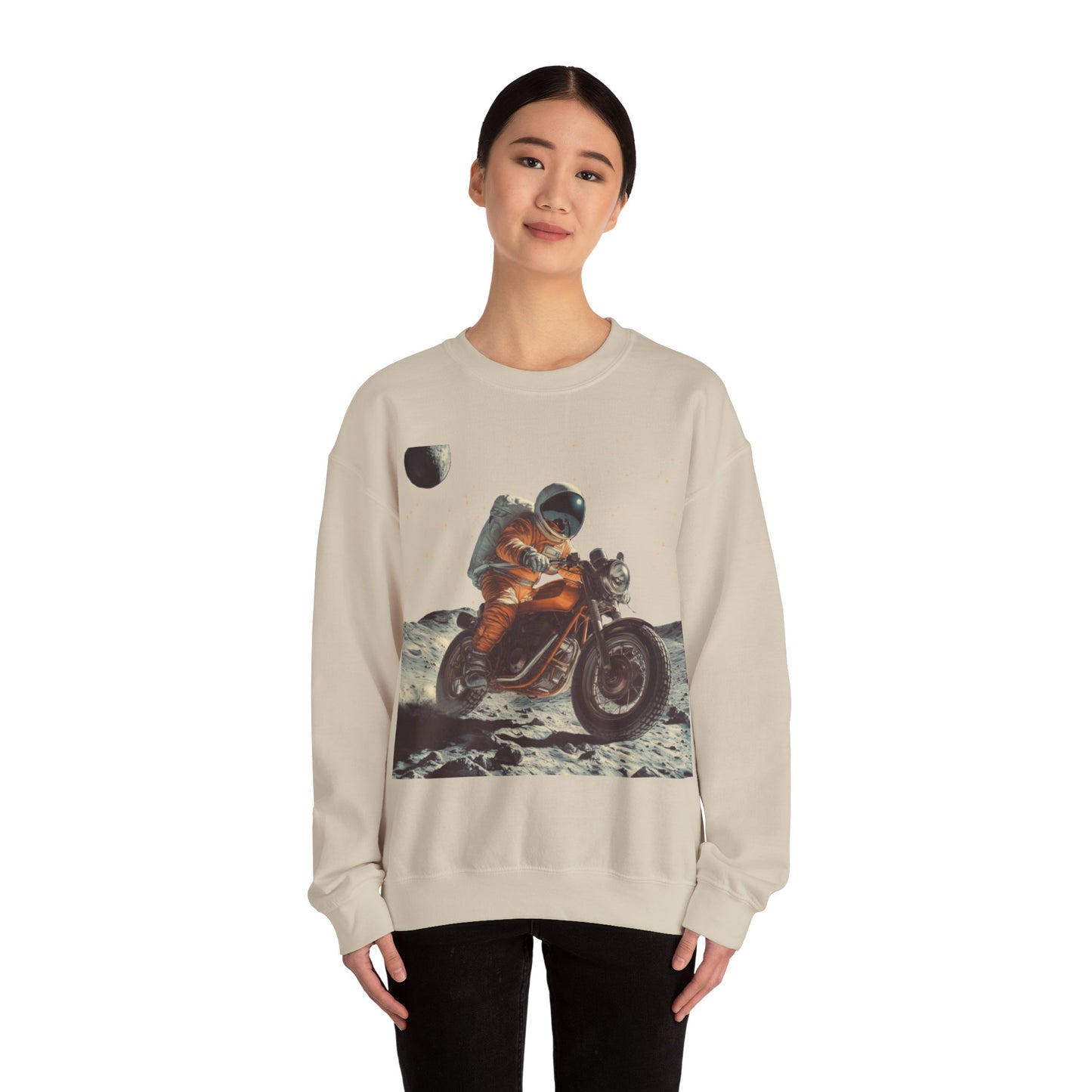 Biker Astronaut on the Moon Sweatshirt | Unisex Funny Outer Space Graphic Tee | Motorcycle Rider Shirt