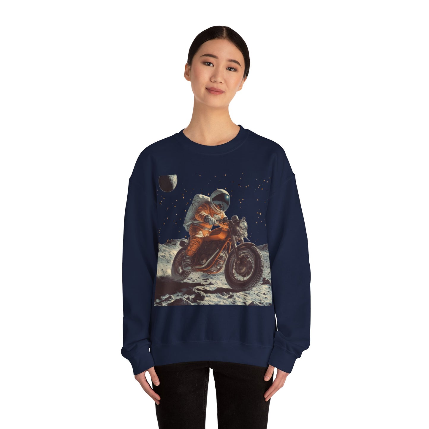 Biker Astronaut on the Moon Sweatshirt | Unisex Funny Outer Space Graphic Tee | Motorcycle Rider Shirt