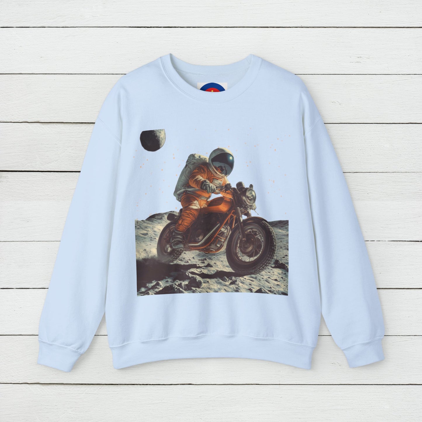 Biker Astronaut on the Moon Sweatshirt | Unisex Funny Outer Space Graphic Tee | Motorcycle Rider Shirt