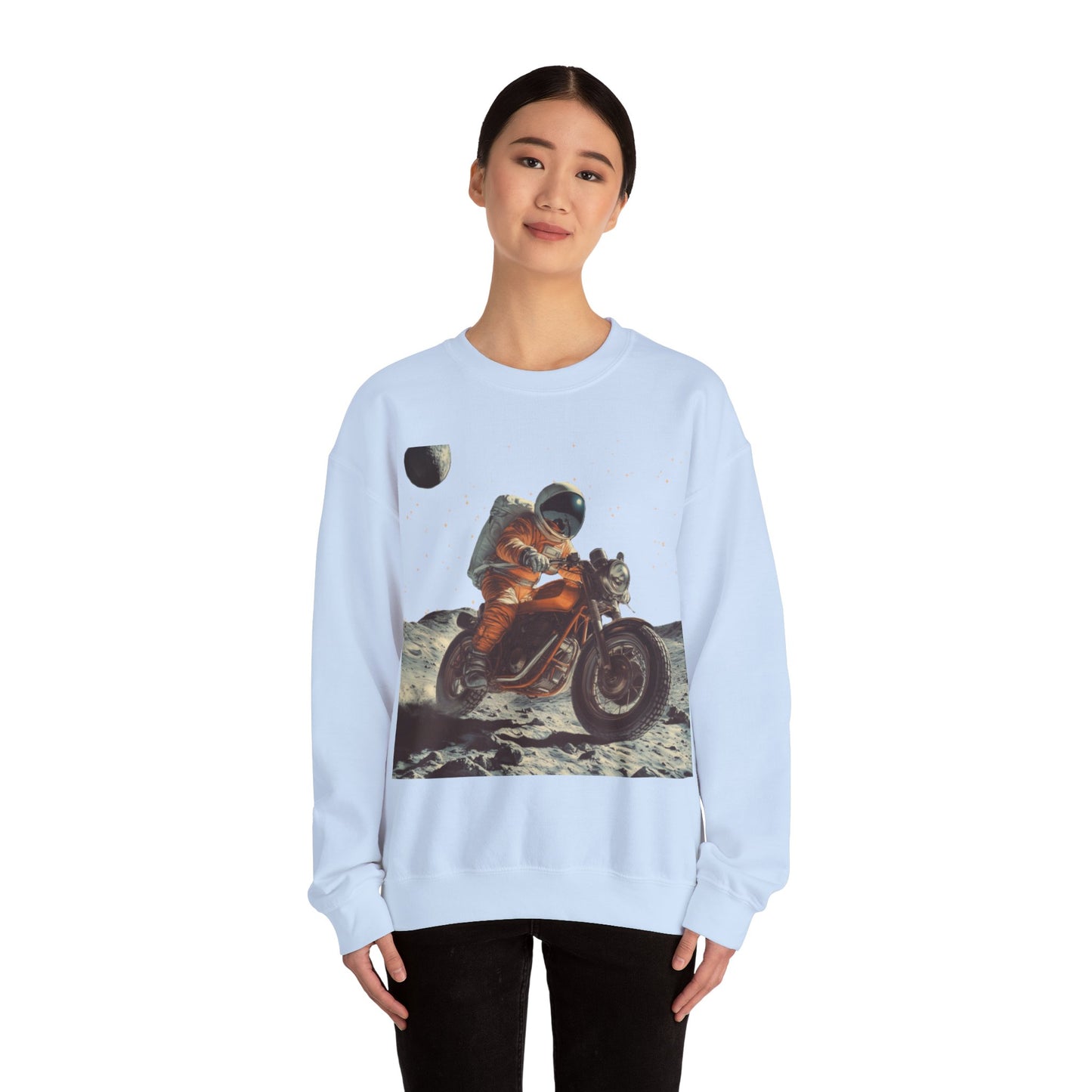 Biker Astronaut on the Moon Sweatshirt | Unisex Funny Outer Space Graphic Tee | Motorcycle Rider Shirt