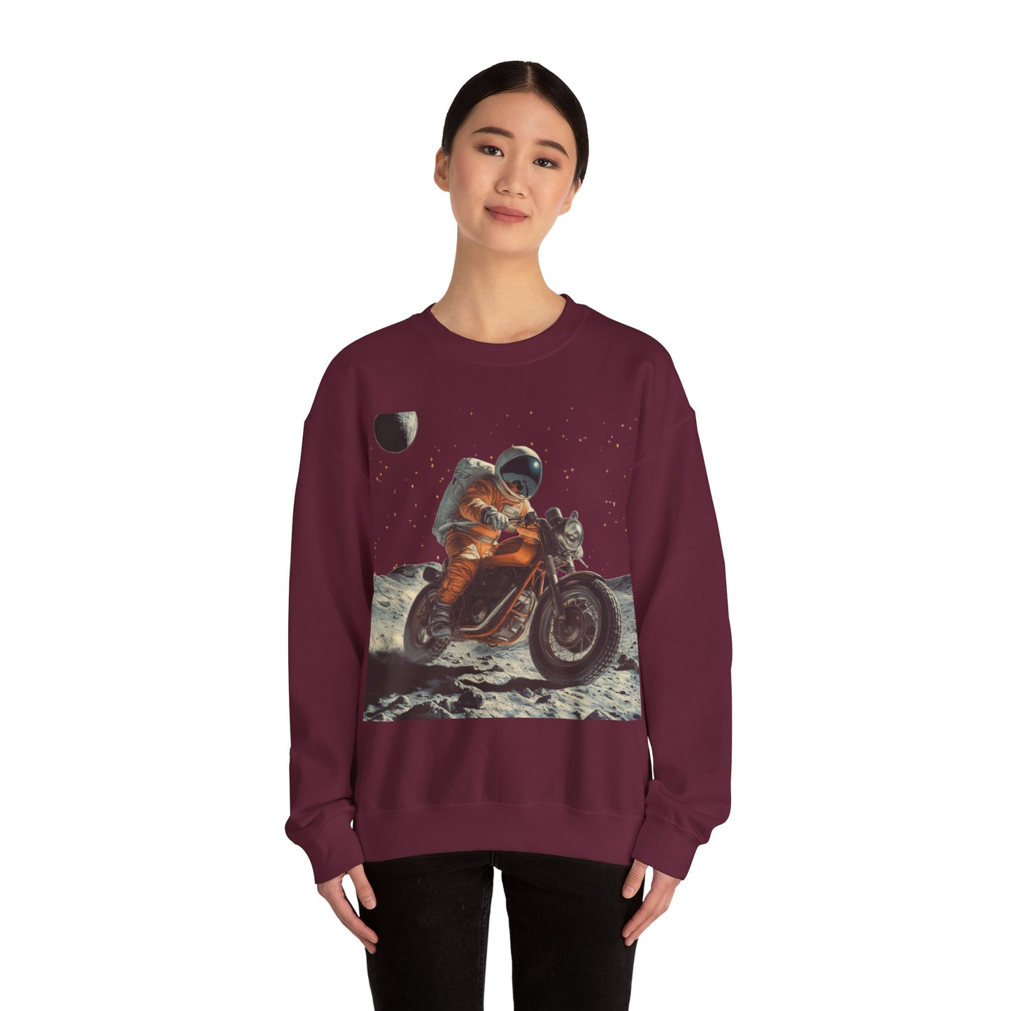 Biker Astronaut on the Moon Sweatshirt | Unisex Funny Outer Space Graphic Tee | Motorcycle Rider Shirt